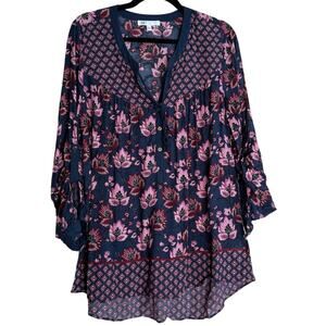 Dr2 Top Blouse Women Large Blue Pink Floral Boho Peasant Prairie Cottagecore